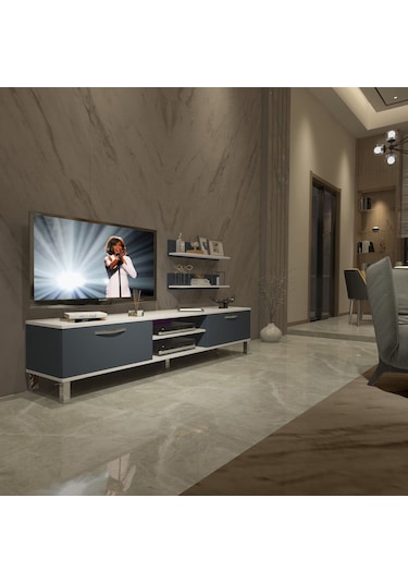 Decoraktiv Eko 4 Mdf Dvd Krom Ayaklı Tv Ünitesi Tv Sehpası Beyaz - Antrasit
