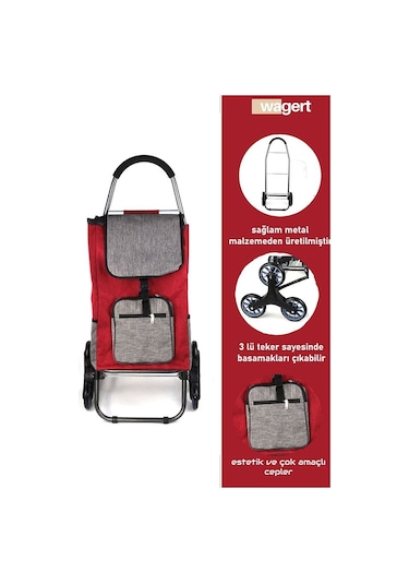 Sessiz 3 Tekerlekli Pazar Arabası Su Geçirmez, Fermuarlı Çantalı Kırmızı