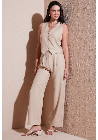 Lela Regular Fit Bol Paça Yelekli Bayan Takım 67045162S4 Taş