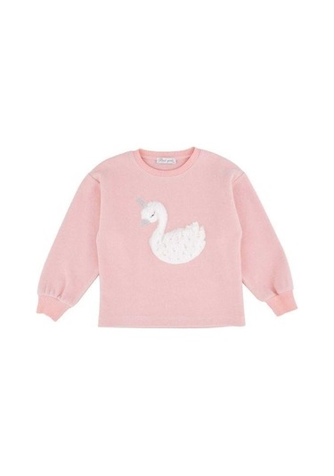 Kız Çocuk Kuğu Desenli Peluş Sweatshirt-13510 Pudra