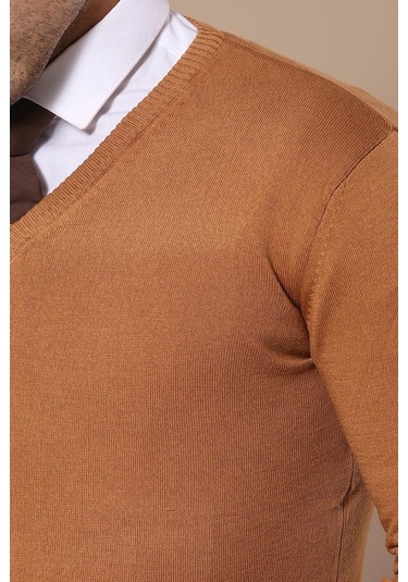 Wessi V Yaka Erkek Triko - Kahverengi