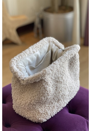 El Yapımı Ekru Renk Teddy Yün Örgü El Çantası Ekru