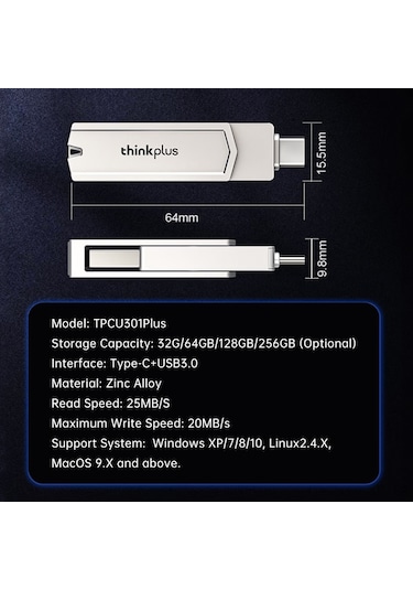 Jeemson 联想 Thinkplus Tpcu301plus Çift Portlu Usb 3.0+type-c Usb Bellek, 64gb, Çinko Alaşımlı Kasa, Telefon-bilgisayar Desteği, Plug And Play