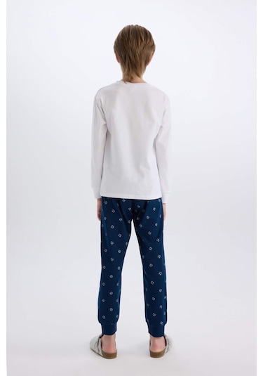 DeFacto Erkek Çocuk Pijama Takımı Bisiklet Yaka Baskılı Uzun Kollu Üst Desenli Alt D5215A824WNWT34
