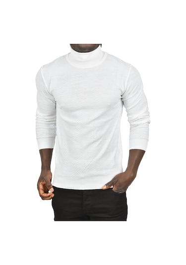 Deepsea Erkek Beyaz Desenli Dar Kesim Tam Balıkçı Yaka Triko Boğazlı Kazak 2505510 Beyaz