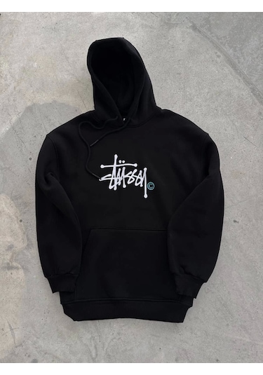 Üç İplik Kapşonlu Baskılı Sweatshirt - Siyah Siyah