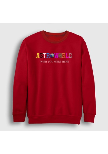 Presmono Unisex Astroworld V4 Travis Scott Sweatshirt Kırmızı