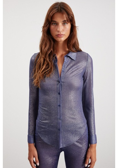 Bettıe Kadın Dar Kesim Parlak Kumaş Indigo Gömlek