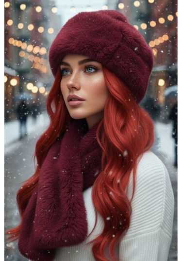 Tezzgelsin Kadın Kışlık Vegan Kürk Peluş Kalpak Şapka Ve Atkı Seti Bordo