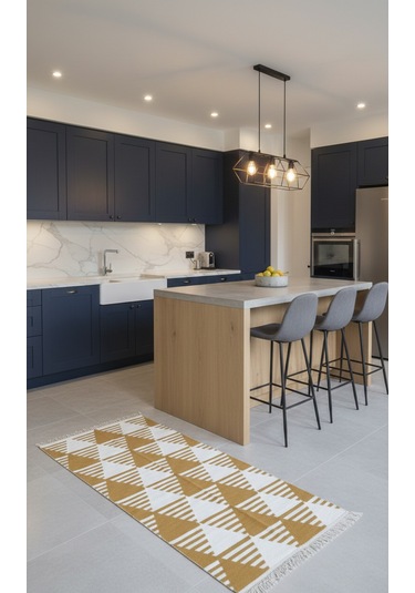 Hardal Geometrik Desenli Modern Kilim - Makinada Yıkanabilir Renkli
