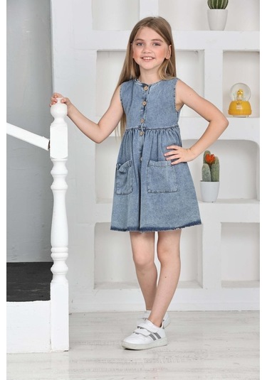 Kız Çocuk Düğme Kapamalı Jean Elbise 12198 Mavi