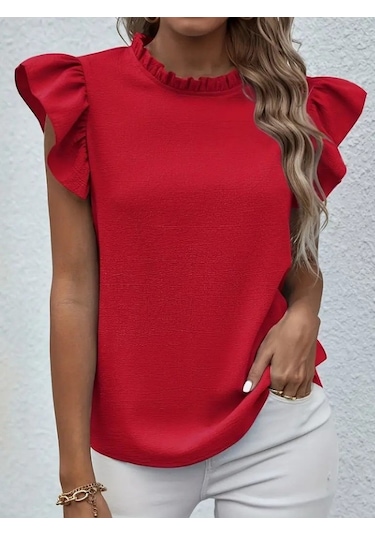 Kadın Kısa Kollu Fırfır Yakalı Bürümcük Bluz Kırmızı