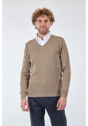 De Blasıo V Yaka Uzun Kollu Bej-Melanj Erkek Kazak 222340020 Bej Melanj