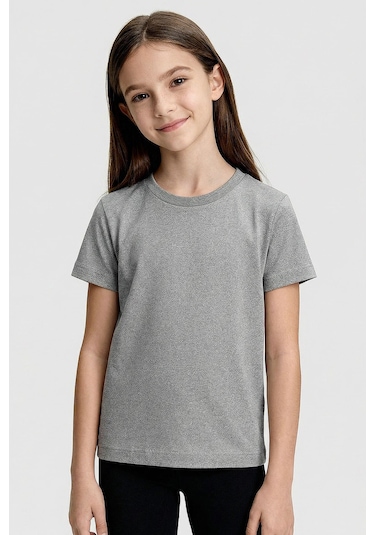 Gri Melanj O Yaka Standart Fit Basic Unisex Çocuk T-shirt - 11328 Grimelanj