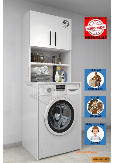 Tamamı Mdf Açık Raflı ve Kapaklı Çamaşır Makinesi Dolabı Beyaz