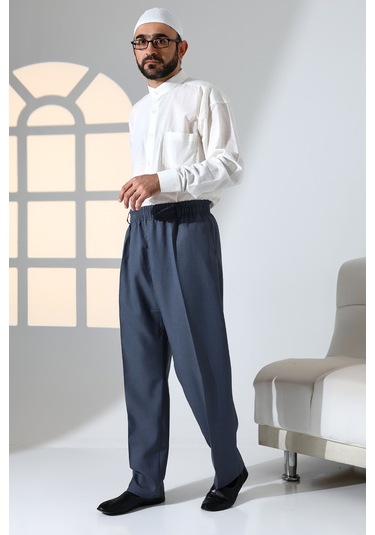 Erkek Rahat Kesim Beli Lastikli Cepli Hac Ve Umre Kumaş Şalvar Pantolon - Mavi İsr Mavi