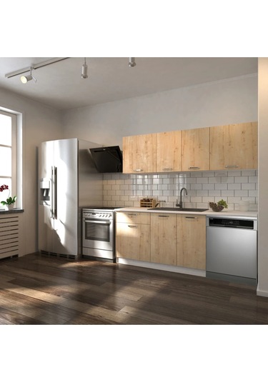 Pats Hazır Mutfak Dolabı 200 Cm -beyaz Laminat Tezgah Dahil-bulaşık Makinesi Yeri Mevcut Meşe