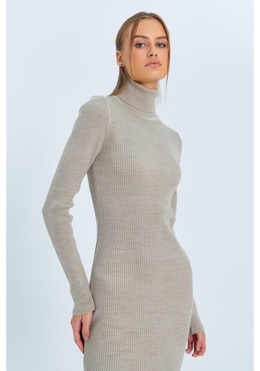 6889 Kadın Balıkçı Yırtmaçlı Uzun Triko Elbise Taş Taş