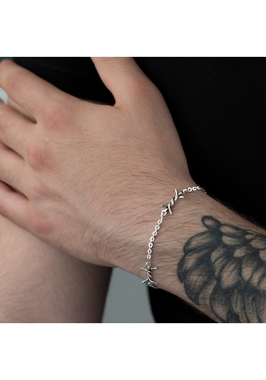 Dkmn Gümüş Dikenli Tel Şekilli 925 Ayar Erkek Gümüş Bileklik