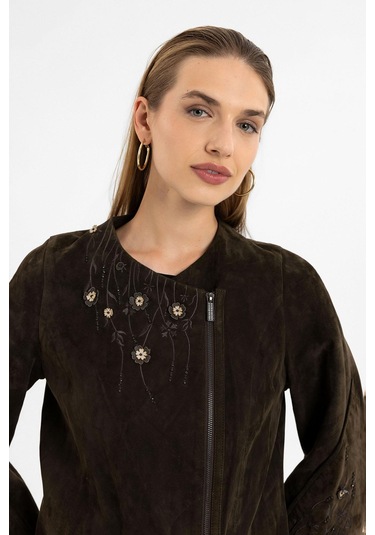 Kado Kahve Çiçek Nakışlı Kadın Hakiki Deri Kaban-olive Çok Renkli