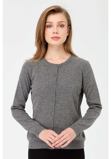 Desen Triko Kadın Sıfır Yaka Triko Yün Hırka 21031 Füme