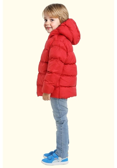 Erkek Çocuk Polarlı Kapüşonlu Su Geçirmez Rüzgara Dayanıklı Şişme Kışlık Mont Kırmızı