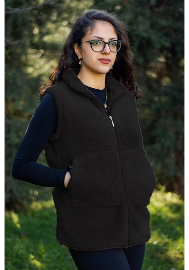 Kadın Siyah Kırmızı Dik Yaka Kalın Peluş Fermuarlı Yelek 24kylkk215 001