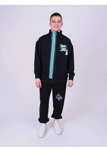 Erkek Çocuk Dik Yaka Fermuarlı Çizgi Detaylı Teenage Hırka-13544 Siyah