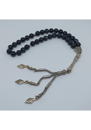 Kesebe Doğal Damarlı Yemen Akik Taşlı Siyah Tespih - El Yapımı Koleksiyonluk Parça Çok Renkli