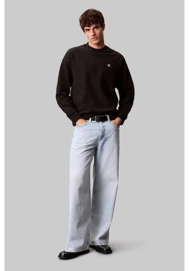 Erkek Bisiklet Yaka Nakış Logolu Sweatshirt - Siyah Black