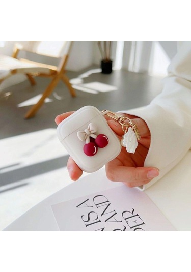 Apple Airpods 3. Nesil İle Uyumlu Kılıf Kalp Leopar Taş Kiraz Desenli Fiyok Tutmalı Kılıflar Mürdüm