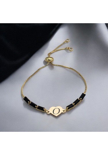 Archin O Harfine Özel Siyah Taş Desenli 14 Ayar Altın Plakalı Kalp Figürlü Hediye Bileklik-351harf O