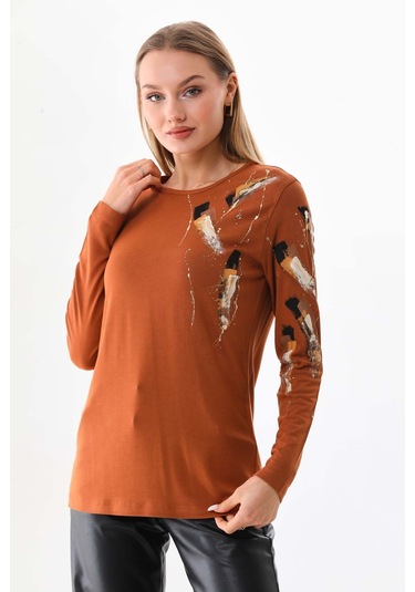 Sistas Kadın Desenli Bisiklet Yaka Uzun Kol Bluz 23598 Camel