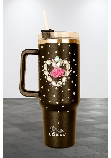 Pipetli 1,2 Litre Kulplu Çelik Termos Renkli Üzeri Taş İşlemeli - Siyah Siyah