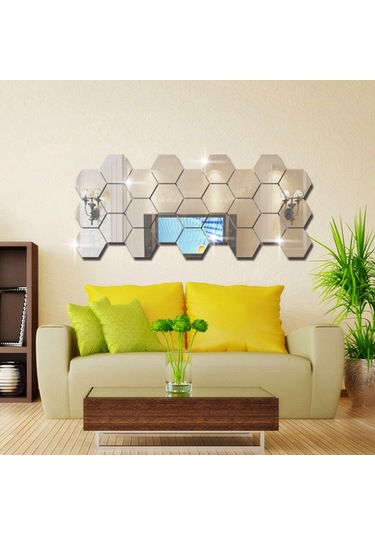 Fosenze Kendinden Yapışkanlı 36 Adet Akrilik Ayna Çıkartma - Parlak Gümüş Renkli Dekoratif Duvar Sticker Gümüş