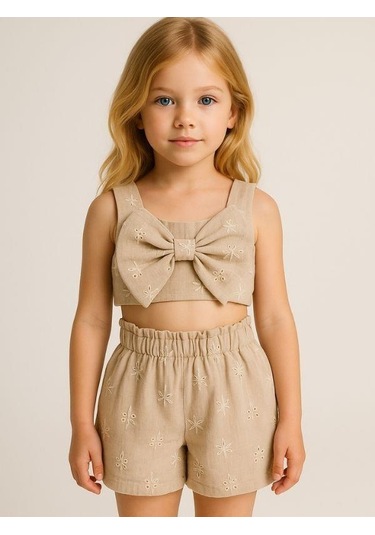 Kız Çocuk Crop Müslin Şortlu Takım-15972 Bej