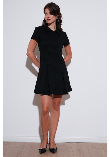 Lela Regular Fit Fermuarlı Polo Yaka Kısa Kollu Pileli Süet Bayan Elbise 5866438 Siyah