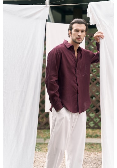 Mai Collection Mai Studios Co. Ombretta Bordo Keten Oversize Erkek Gömlek Bordo