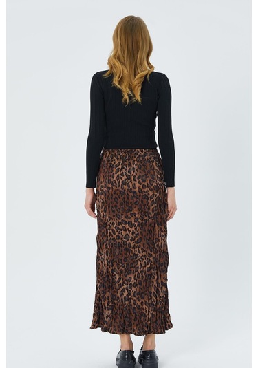 4619 Kadın Leopar Desen Kraşlı Saten Etek Kahve Kahve