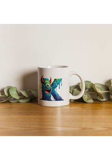 K Harfi Bardak, Sevimli Canavarlar Harflı Bardak Hediyesi Porselen Beyaz