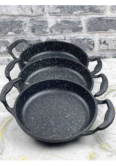 Mabeyn 3'lü Set Döküm Siyah Granit Sahan Tava 22cm-20cm-18cm 3lü