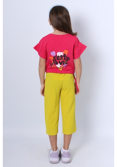 Kız Çocuk İkili Takım Sırt Baskılı Püsküllü Kolları Fıfırlı F20 Fuşya