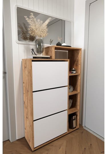 Bofigo Lego Ayakkabılık Düşer Kapak Raflı Ayakkabılık Çam-beyaz