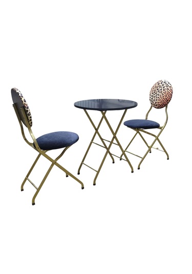 Katlanabilir Leopar Desenli Gold Metal Masa Ve Sandalye Takımı -