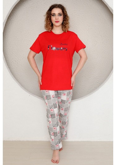 Fames Pijama Yazlik Çiçek Desen Kadin Pijama Takim Kırmızı