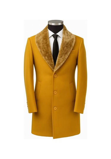 Plus Scorpion Erkek Uzun Kaşe Kaban Çıkartılabilir Kürk Yaka, Astarlı Ve Cepli Slim Fit Mont Hardal Sarısı