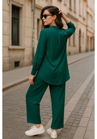 Yeşil Kruvaze Yaka Gömlek Pantolon Kadın İkili Takım - Modern Tasarım Çok Renkli