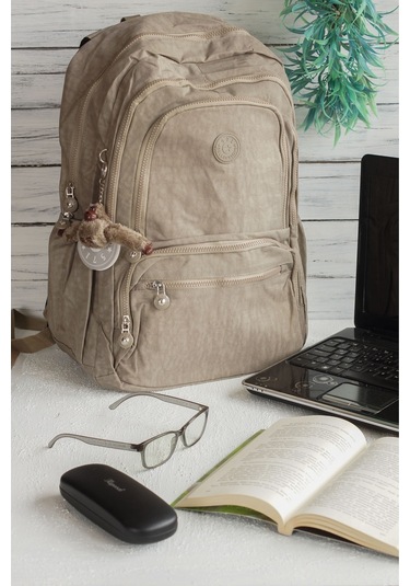 571 Krinkıl / Klinkır Su Geçirmez Hafif Çok Gözlü Spor, Seyahat, Okul, Laptop Sırt Çantası Bej 1g Bej