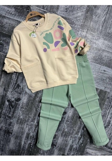 Kız Çocuk Kalp Baskılı 2'li Takım. Pamuklu Mükemmel Kalite Yeşil