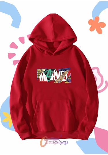 Çocuk Unisex Marvel Baskılı Oversize Kapüşönlü Sweatshirt Kırmızı